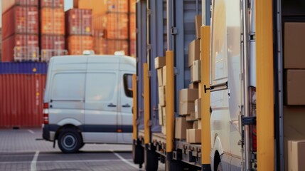 Naklejka premium A delivery van loading parcels outside a distribution center, logistics setting with shipping containers, Natural style