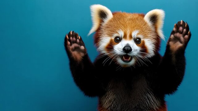 The adorable red panda playfully raises its paws and opens its mouth as if in excitement, standing on blue backdrop