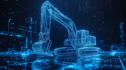 A blue 3D excavator stands out against a dark background. This image represents a digital service for tracking and managing cargo deliveries.