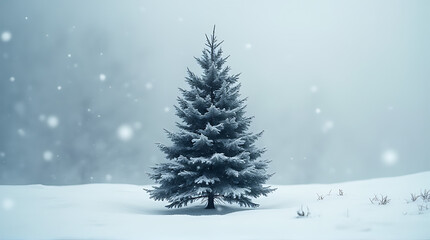 Fototapeta premium snowflakes fall gently around solitary christmas tree standing alone vast snowy landscape