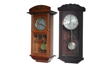 Antique two brown wooden and grey color wall clocks on white background,object background,...