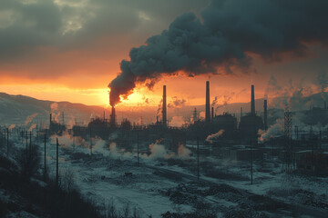A factory with smoke pouring out of chimneys, symbolizing industrial pollution and environmental harm. Concept of environmental collapse.