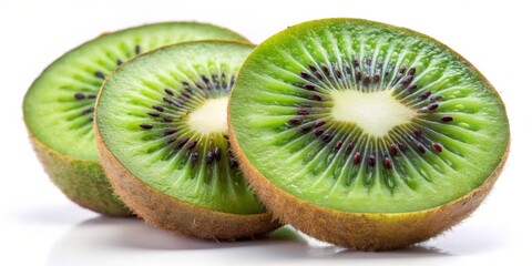 Fototapeta premium Close-up of a Juicy Kiwi Fruit Slice, Green and Brown Composition, White Background, Kiwi, Fruit, Healthy