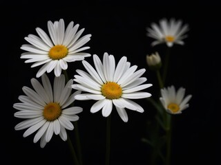 Obraz premium Blooming white daisy flower isolated on black, white flowers 