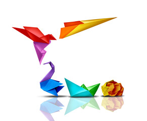 Transformation And Success or transform And Succeed changing and growing for success as a business leadership and change metaphor as creativity as paper transforming into a jet airplane.