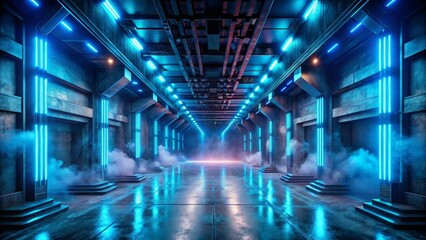 Futuristic sci fi blue glowing neon lights tunnel corridor concrete grunge reflective smoke 3d rendering illustration