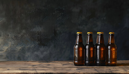 Many bottles of beer on wooden table against dark background