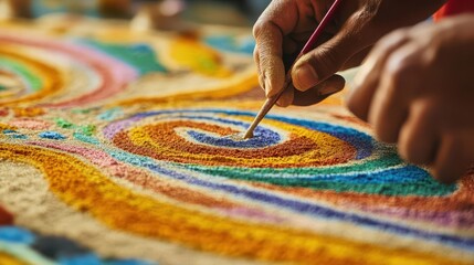 A beautiful sand mandala being created by a monk, with colorful grains of sand arranged meticulously