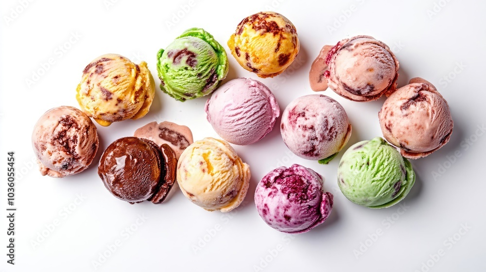 Poster assorted ice cream scoops in various flavors arranged on a table generative ai