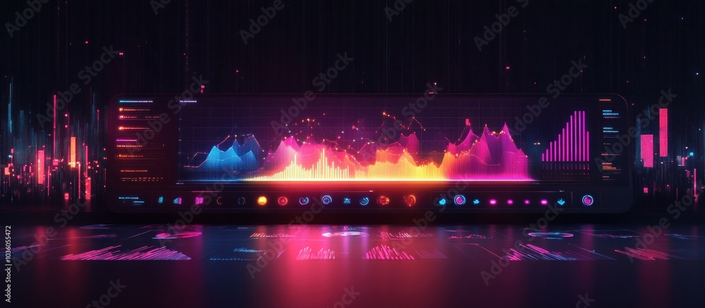 Poster futuristic digital interface with glowing charts, data visualizations and lines in vibrant colors on