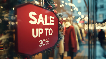 Winter photograph of red text "SALE UP TO 30% OFF" in front of the window display at a fashion store, blurred fashion dressed behind. 