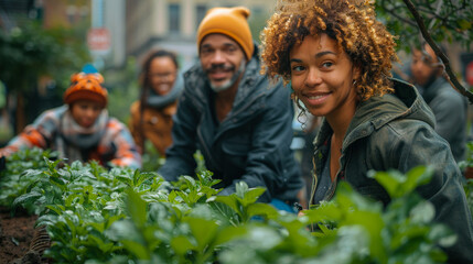 Fototapeta premium Community gardening group planting vegetables outdoors
