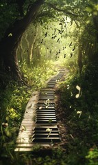 Piano keys path through enchanted forest.