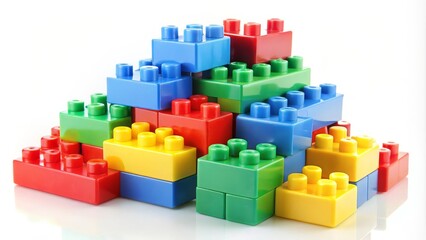Colorful toy bricks are stacked, creating a growing structure