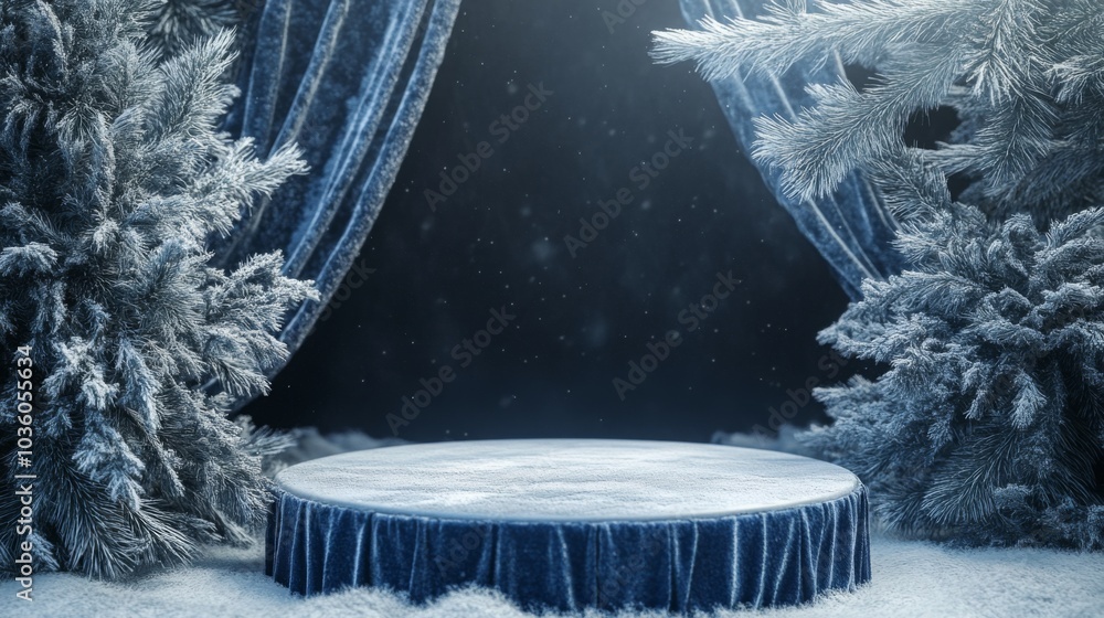 Leinwandbilder a serene winter scene features a circular stage surrounded by frosted trees and deep blue velvet cur