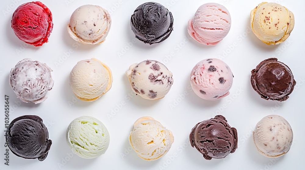 Poster assorted ice cream scoops in various flavors arranged on a table generative ai
