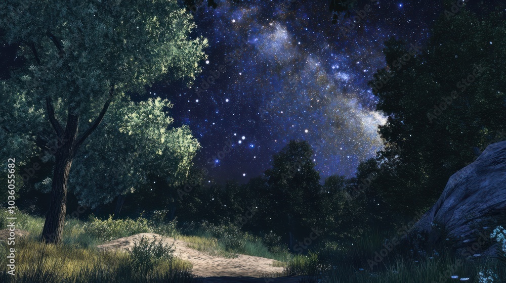 Wall mural vivid night sky full of stars in a woods setting