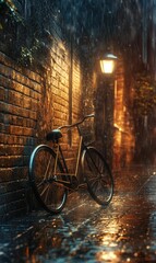 Fototapeta premium Rainy night, bike by brick wall, streetlight glow.