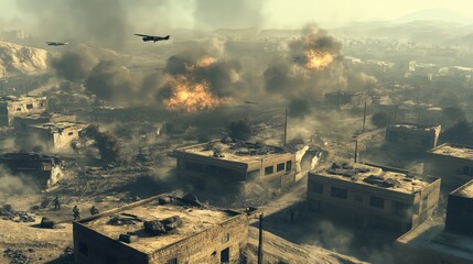 Intense aerial bombardment over a war-torn Urzikstan city. In the foreground, members of Task Force