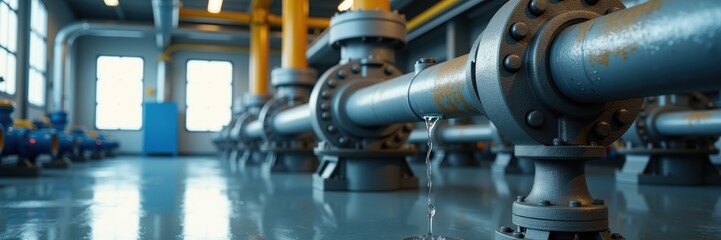 Fototapeta premium Industrial pipes and valves in a public utility facility, showcasing the infrastructure crucial for water and wastewater management.