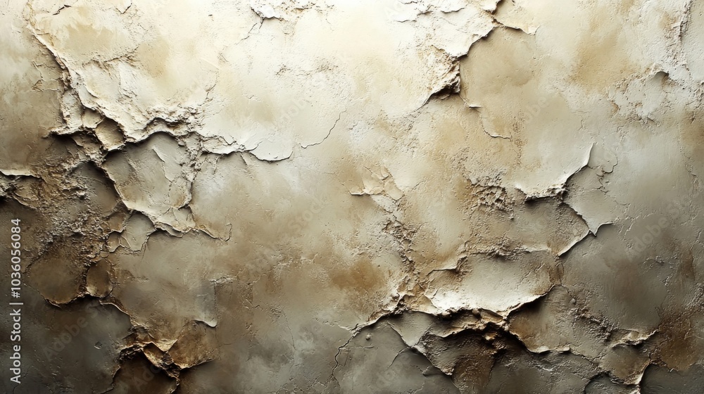 Poster The textured wall showcases a variety of peeling layers, displaying earthy tones of brown and beige. Its intricate patterns add a unique character to the aging surface.