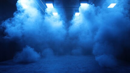 A blue room with a lot of lights and a lot of smoke
