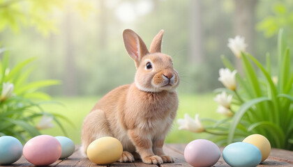 Easter bunny - decorated eggs in soft colors and a cute bunny on a wooden table, with out of focus spring greenery and flowers in the background. Easter card.