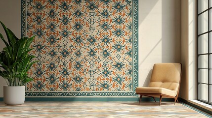  A chair sits next to a potted plant before a wall adorned with a wallpaper design