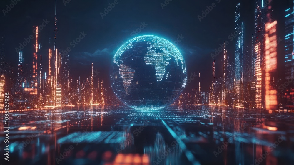 Poster a digital representation of the earth surrounded by data visuals and graphs in a futuristic financia