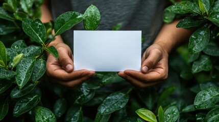 A person holds a blank card surrounded by lush green leaves after a gentle rain shower in a tranquil garden setting