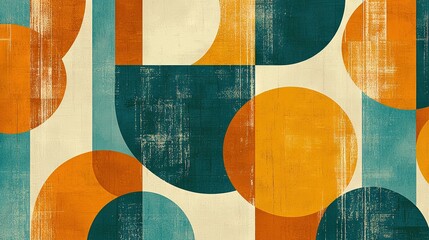  An abstract painting featuring orange, blue, and green circle patterns on a white background with a grunge style