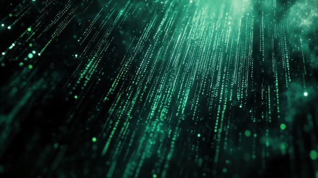 a digital rain of green binary code cascading down a dark black background, with a sense of movement and flow of information, symbolic of the digital age. image for big data concept background - Powered by Adobe