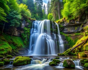 a waterfall with a tree in the middle of it
