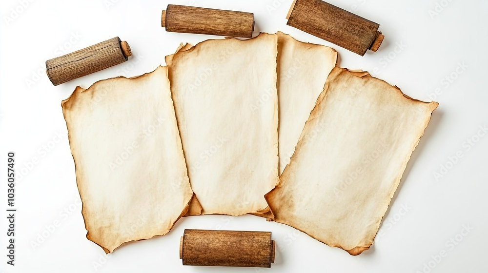 Poster old parchment sheets and wooden scrolls arranged on a flat surface generative ai