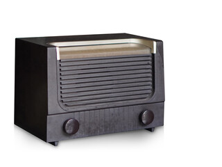 Fototapeta premium side view brown wooden radio, on white background, vintage, ancient, decor, fashion, technology, copy space