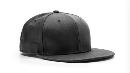 Fototapeta premium Black baseball cap with blank visor laying on white background