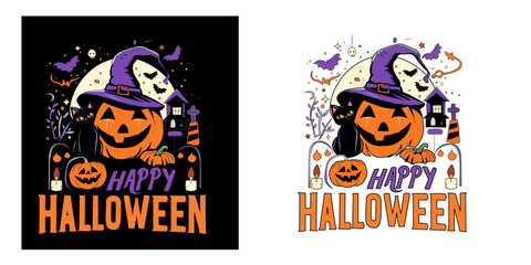 Halloween Pumpkin with Shining Cat and Purple Wizard Hat