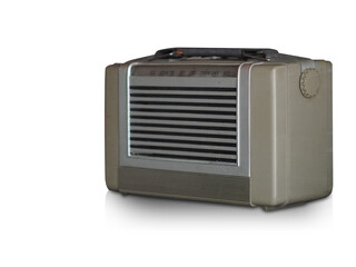 old silver plastic radio, on white background, vintage, ancient, decor, fashion, technology, copy space