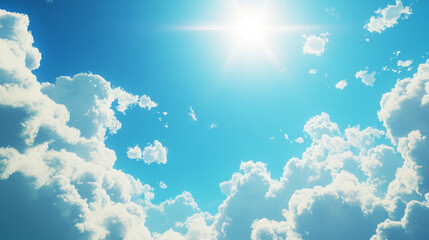 A bright blue sky with fluffy white clouds, like something out of an anime. The sun shines brightly, perfect for a summer day.