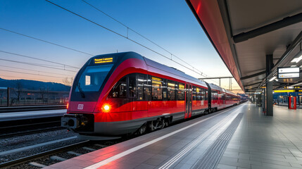 Naklejka premium A bright red passenger train speeds into a station platform. The sky is clear and blue, as the sun sets. This modern train represents a key part of Austria's transportation system.