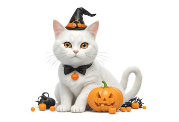 A cute white cat dressed in a costume with pumpkin Halloween decorations. White background.