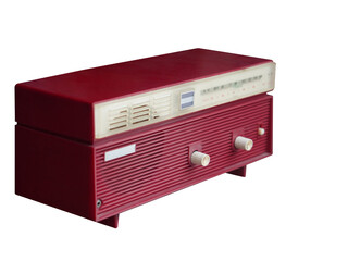 side view red and white plastic radio, on white background, vintage, ancient, decor, fashion, technology, copy space