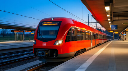 Naklejka premium A bright red passenger train speeds into a station platform. The sky is clear and blue, as the sun sets. This modern train represents a key part of Austria's transportation system.