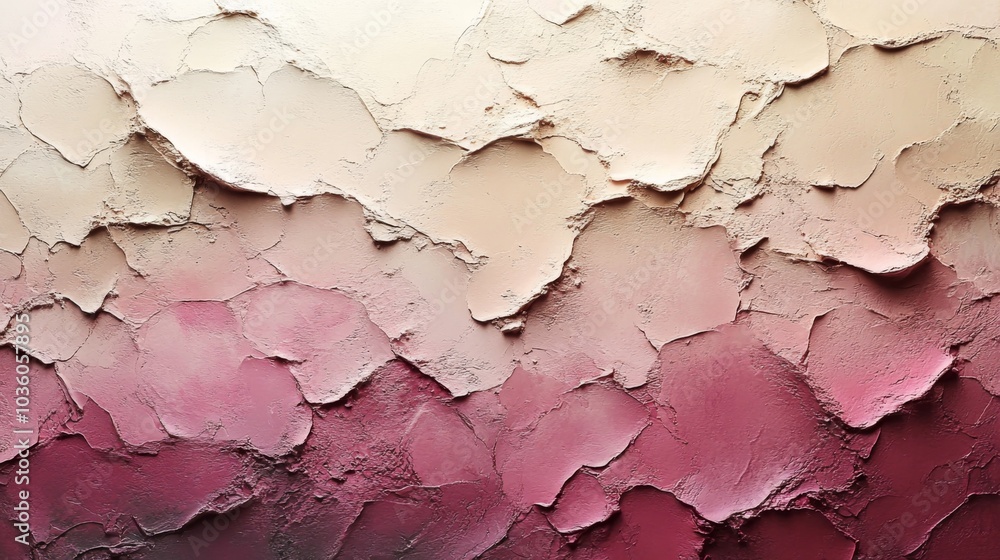 Poster An abstract wall features a unique textured surface with several layers of paint in gradient shades ranging from beige to pink. The surface reveals a blend of colors and patterns.