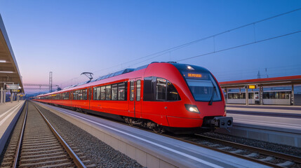 Naklejka premium A bright red passenger train speeds into a station platform. The sky is clear and blue, as the sun sets. This modern train represents a key part of Austria's transportation system.