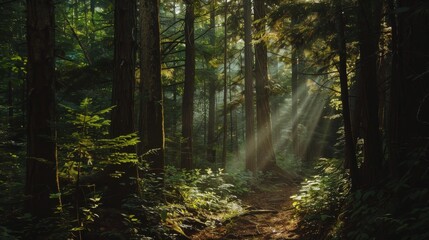 A dense forest path, sunlight filtering through the trees and foliage, Natural style