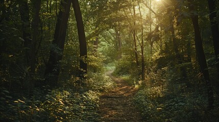 A dense forest path, sunlight filtering through the trees and foliage, Natural style