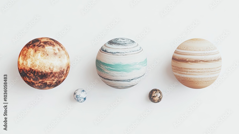 Poster exploring celestial harmonies with model planets on a white background generative ai