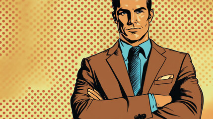 A businessman, dressed in a suit, looks ironic and professional.  The style is retro and reminiscent of pop art.