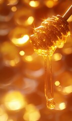 Golden honey dripping from a dipper.